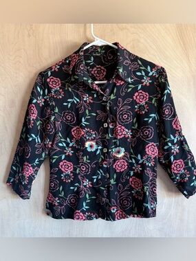 Loco Lindo Floral Blouse Black Multicolor Button-Up 3/4 Sleeve Women's S Boho
